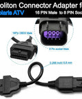 Close-up of 8 Pin To 16 Pin OBD2 Cable Adapter for ATVs and Motorcycles, showing connectors and dimensions, DIY friendly.
