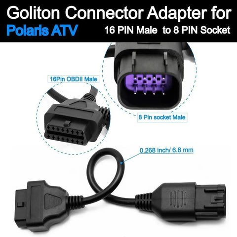 Close-up of 8 Pin To 16 Pin OBD2 Cable Adapter for ATVs and Motorcycles, showing connectors and dimensions, DIY friendly.
