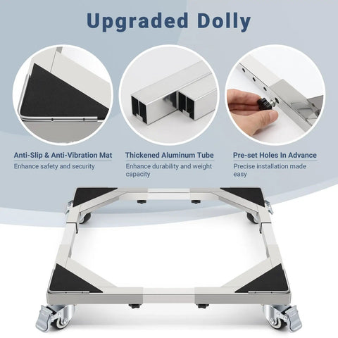 Beefed Up Stainless Steel Washing Machine Dolly Cart With Lockable Wheels 700 Lb Capacity showing features like anti-slip mat