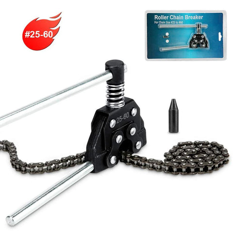Black chain breaker tool for roller chains (#25–60) with dual metal handles and spring, includes replacement pin