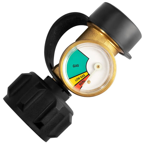 Propane Tank Gauge Level Indicator With Leak Detector And Gas Pressure Meter For RV Campers Cylinders BBQ Grills Heaters And More With Type 1 QCC1 Connection Compatibility showing gas levels.