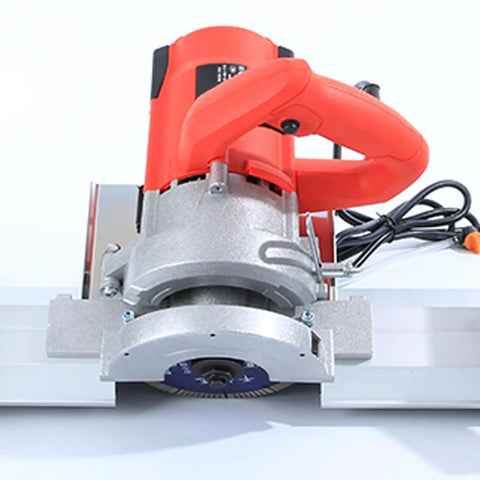 Heavy Duty Electric Tile Bevel Cutter For Snappy 45 Degree Chamfering With A Bombproof 1200 Watt Motor Cranking 13000 RPM To Slice Ceramic Profile Like A Dream Low Dust Setup With Slick Hose Kit US Plug - close-up of the cutting head and handle.