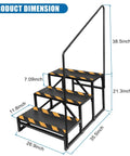 Heavy Duty Three Step RV Stair With Solid Handrail Steel Frame Rated For 600 LBS Load Capacity dimensions showing black and yellow non-slip steps.