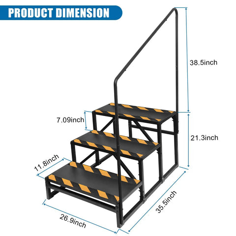 Heavy Duty Three Step RV Stair With Solid Handrail Steel Frame Rated For 600 LBS Load Capacity dimensions showing black and yellow non-slip steps.