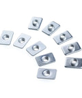 Beefy Zinc Plated Tee T Nuts M3 M4 M5 for 20 Series V Slot Aluminum Profiles, 10 pieces scattered on white background