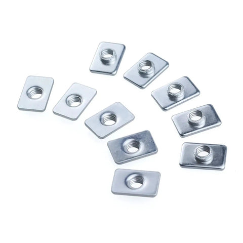 Beefy Zinc Plated Tee T Nuts M3 M4 M5 for 20 Series V Slot Aluminum Profiles, 10 pieces scattered on white background