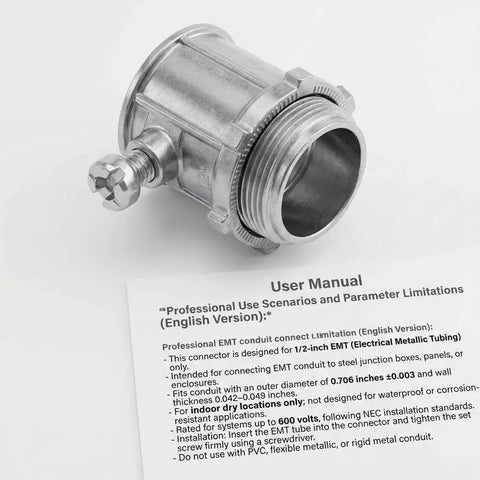 1/2 Inch Emt Set Screw Connector in Zinc Die Cast, used for electrical conduit fittings with user manual visible.