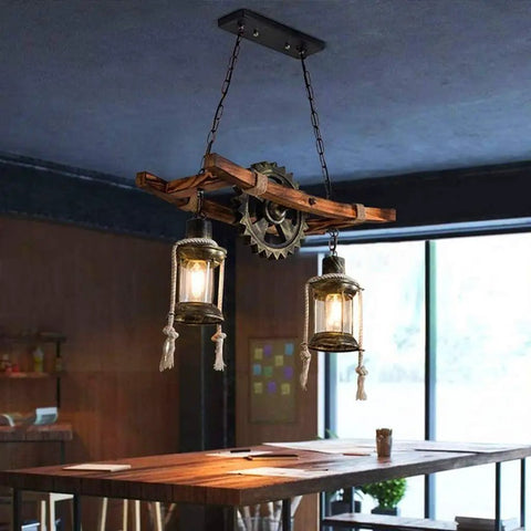 Retro Wood Pendant Lighting Fixture With Glass Shade And Black Metal Cage Frame in a cafe setting, E27 base.