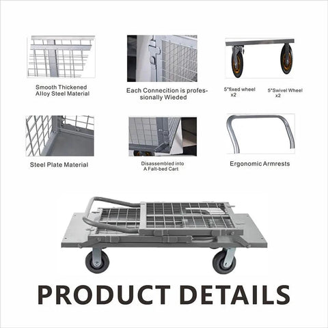 6 In 1 Platform Cart With Removable Cage Heavy Duty Folding Flatbed Lift Cart For Warehouse Grocery And Storage 1800 Lb Capacity With 6 Inch Swivel Wheels Built From Durable Steel For Easy Maneuvering And Versatile On The Job. folded steel platform cart with cage, swivel wheels, and ergonomic handle