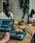Group podcast using Notepad-8FX USB Audio Interface and 8 Channel Mixer with Lexicon reverb effects for studio sound.