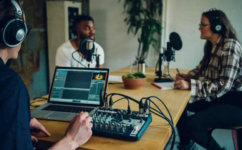 Group podcast using Notepad-8FX USB Audio Interface and 8 Channel Mixer with Lexicon reverb effects for studio sound.