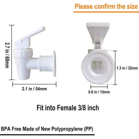 4 Pack Water Cooler Tap Replacement Spigots Blue And Red Color Coded Plastic Taps Food Grade PP BPA Free Three Eighths Inch Female Thread 15mm Includes 4 Washers Fits Most Water Dispensers - side and front view showing measurements and BPA-free label.