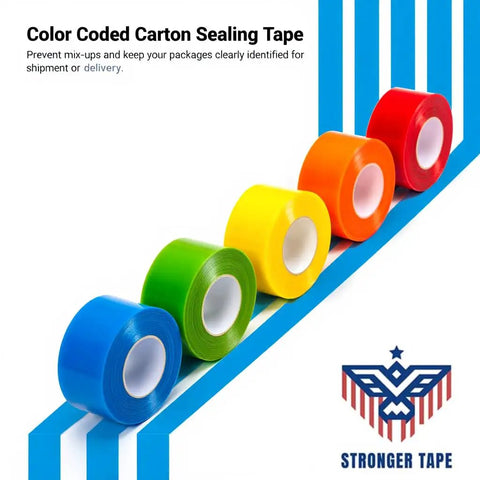 Color coded packing tape in blue, green, yellow, orange, and red rolls for clear package identification.