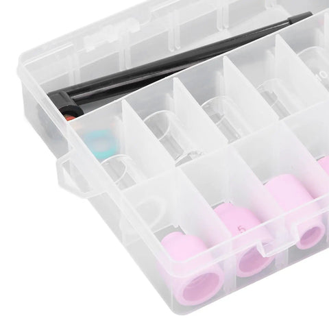 Ultimate 40 Piece TIG Welding Consumables Kit For Wp9 25 With Ceramic Nozzles, Glass Cups, Back Short Electrode Clips And O Rings To Crush Any Project Smoothly - Pink ceramic nozzles and transparent cups in organizer.