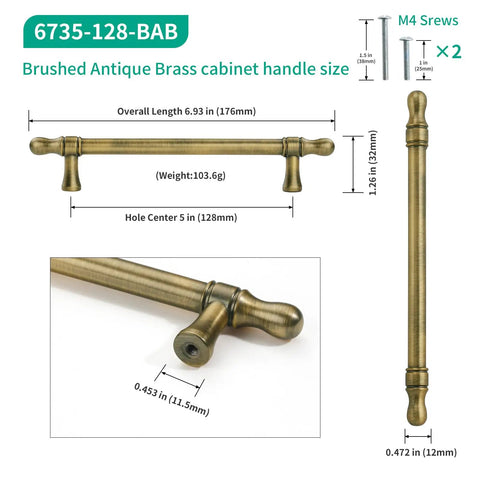 5 Inch Cabinet Pulls Brushed Antique Brass, Heavy Duty Kitchen Cabinet Handles, dimensions and detail view of handle