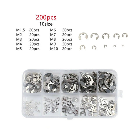All Purpose E Clip And Circlip Washer Kit For Shafts 304 Stainless Steel External C Clips 1.2-15 Mm Range M1.5-M10 200 Pieces box
