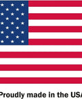 Proudly made in the USA flag graphic with blue stars on a red and white striped background.