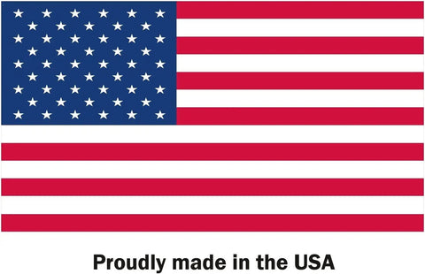 Proudly made in the USA flag graphic with blue stars on a red and white striped background.
