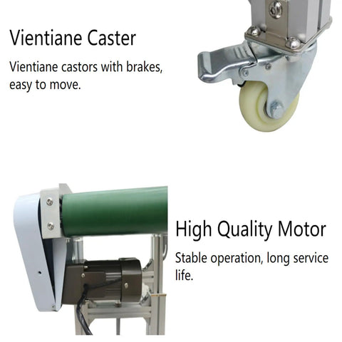 Industrial PVC Belt Conveyor With Double Baffle 110V 70.9 Inch Long 15.7 Inch Wide On Wheels showing caster and motor detail
