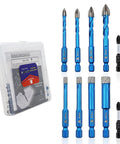 Badass Dry Diamond Tile Drill Bit Set With Magnetic Phillips Ph2 Screwdriver Bits For Crushing Hard Porcelain Ceramic Granite Marble In Every Standard Size rock solid tool kit with blue drill bits in case.