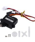 Lightweight 7.1 Gram Mini Servo Motor With Toughened Metal Gears And Machined Aluminum Casing, individual unit with accessories.