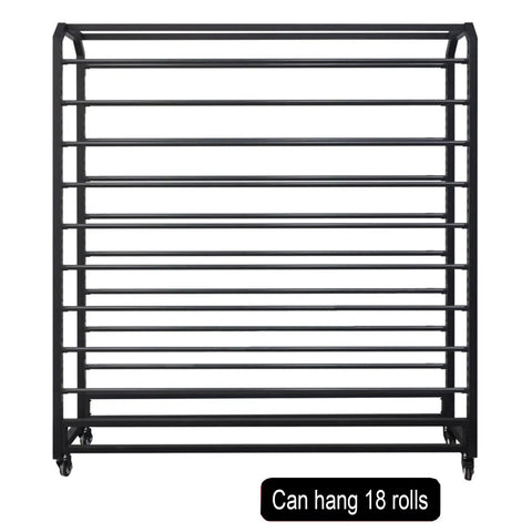 Heavy Duty Metal Vinyl Storage Cart With 18 Adjustable Rods And Smooth Rolling Lockable Casters For Tint Film Craft Wraps Wallpaper Rolls, front view.