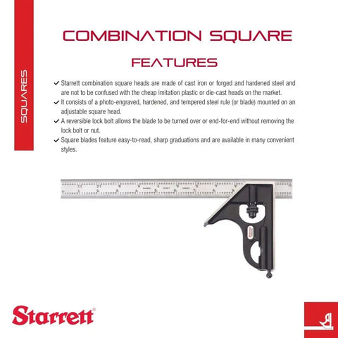 Pro Grade 12 Inch Steel Combo Square With Square Head, Forged Hardened Steel, Reversible Lock Bolt, 4R Graduation and Branded Features