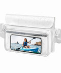 Waterproof Phone Pouch Fanny Pack IPX8 with floating dry bag, triple seal roll closure, adjustable waist strap, white color, outdoor kayaking use.