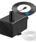 Mini Submersible Pump For Fish Tanks And Fountains Ultra Quiet 5V USB Water Pump with cable and tubing, black plastic.