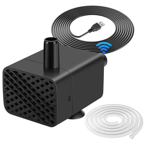 Mini Submersible Pump For Fish Tanks And Fountains Ultra Quiet 5V USB Water Pump with cable and tubing, black plastic.