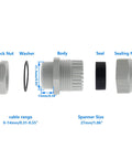 Half Inch NPT Strain Relief Nylon Cord Grip Waterproof Cable Gland 10 Pack Adjustable Wire Cord Grip Connector Junction Box IP68 White 8 To 14 Mm Range CE ROHS Listed exploded view with 8-14mm cable range