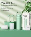 Keep It Crisp On The Fly With This Game Changing 22 Oz Breast Milk Cooler Bottle Packing Two 11 Oz Insulated Vials For Zero Ice All Day Storage Perfect For Busy Moms Demanding Hassle Free Pumping On The Move contents displayed on green surface with product boxes and accessories.