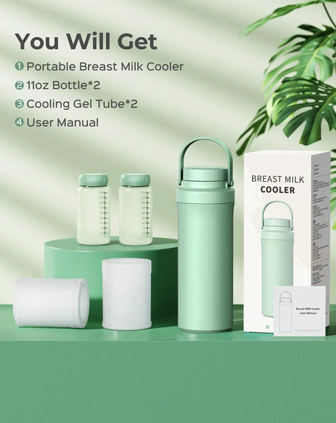 Keep It Crisp On The Fly With This Game Changing 22 Oz Breast Milk Cooler Bottle Packing Two 11 Oz Insulated Vials For Zero Ice All Day Storage Perfect For Busy Moms Demanding Hassle Free Pumping On The Move contents displayed on green surface with product boxes and accessories.