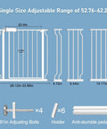 Diagram showing parts and dimensions of Extra Wide Pressure Mounted Baby Gate With Auto Close And Walk Through, Durable White Metal Safety Gate For Stairs And Doorways, Ideal For Kids And Pets, Holds Open, Fits 98-110 Cm