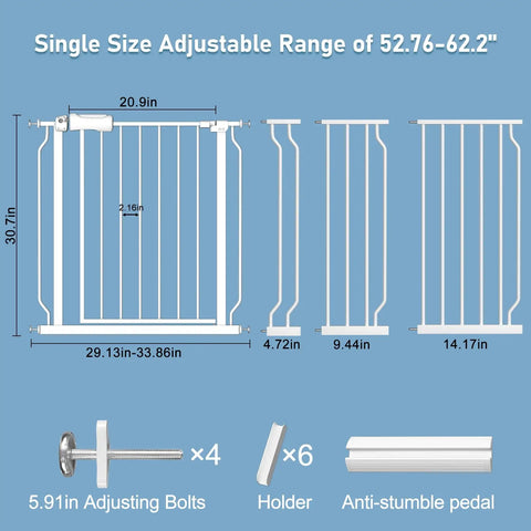 Diagram showing parts and dimensions of Extra Wide Pressure Mounted Baby Gate With Auto Close And Walk Through, Durable White Metal Safety Gate For Stairs And Doorways, Ideal For Kids And Pets, Holds Open, Fits 98-110 Cm