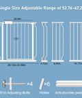 Diagram of Extra Wide Pressure Mount Baby Gate Auto Close With Walk Through, white metal gate parts and measurements.