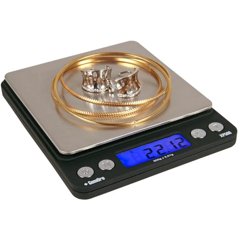 Platinum XP500 Pro Grade Jeweler Pocket Scale for Quick Gold and Silver Weighing, displaying gold jewelry, 500g x 0.01g readout, silver finish.