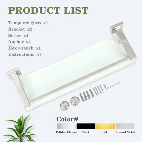 Product list showing 20 Inch Glass Shelf For Bathroom Wall Mounted Polished Chrome Floating Shelves With 8mm Tempered Glass And SUS304 Brackets.