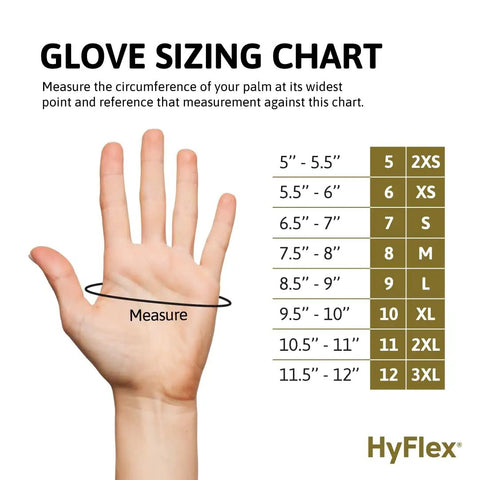 Glove sizing chart for HyFlex 11-840 work gloves showing palm circumference measurement guide and size options from 2XS to 3XL.