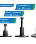 Height Adjustable Golf Tee Set for Driving Range Mats with Three Height Options Short Regular Tall and Storage Bag All Black for Superior Ball Tracking and Durable Made in the USA, showing three black tees of various heights side by side.
