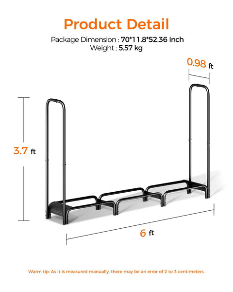 Heavy Duty 6ft Firewood Rack for Indoor and Outdoor Use Black Metal Log Holder Organizer dimensions and weight details