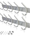 Sturdy Stainless Steel Wall Mount Coat Rack Set With Heavy Duty Hooks For Hats Towels Robes Jackets And Clothes Two Pack For Entryway Or Bathroom Sleek Modern Hanger That Keeps Mess In Check, front view with screws and anchors included