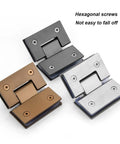 Heavy Duty Shower Screen Hinges With 180 Degree Pivot Clip For Bathroom Glass Doors in black, bronze, silver finishes with hexagonal screws.