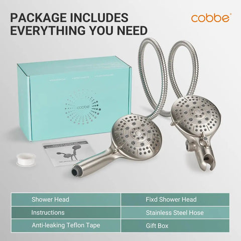 Dual Shower Head Combo 2-in-1 Water Saving System With 59-Inch Stainless Steel Hose, complete package with accessories