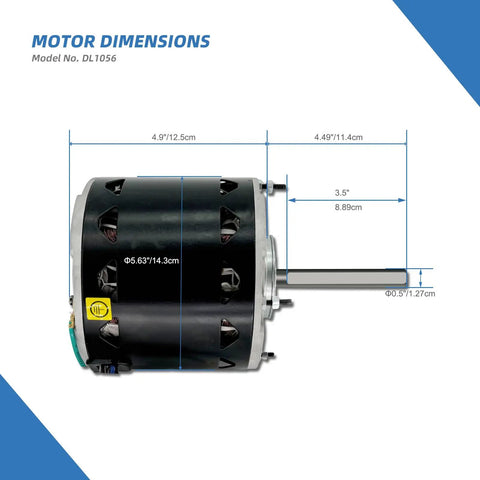 Dimensions of Half Horsepower Blower Fan Motor with 1075 RPM and three speed settings 115 Volt shown in image with model DL1056