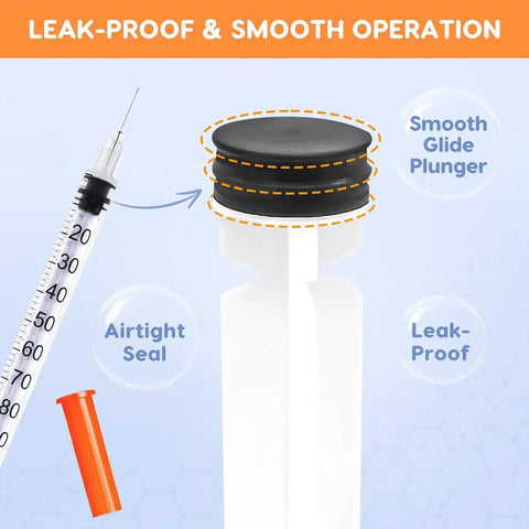 120 Pack U-100 Disposable Syringes 30G 5/16 Inch 1ml Syringes Individually Wrapped With Leak-Proof Design And Clear Measurement Markings For Precise Lab Use. Close-up of syringe plunger and needle with airtight seal