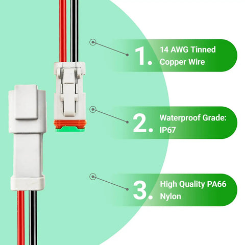 14 Gauge 2 Pin DT Waterproof Connectors Kit With 2 Wire Quick Connect Harnesses For Cars Trucks And Boats 4 Pack Male And Female Automotive Electrical Plugs For Easy Waterproof Wiring Hookup Ready, highlighting 14 AWG tinned copper wire, IP67 waterproof, PA66 nylon housing.