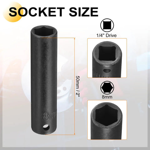 Crank Up Your Garage With These Awesome Deep 6-Point Impact Sockets Featuring A Rock-Solid CR-V Steel Build For Tough Rigs That Will Not Fail, And Includes A Sweet 1/4 Inch Drive Adapter To Make Any Job Way Easier. 8mm deep 6-point impact socket, CR-V steel, 1/4 inch drive, 50mm