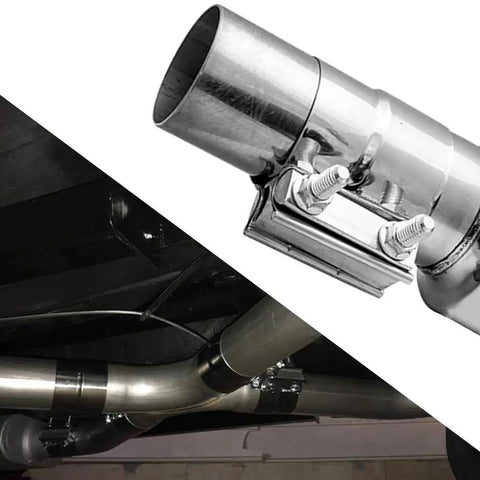 Top Tier 2.5 Inch Lap Joint Band Clamp For Exhaust Systems 304 Stainless Steel Pipe Connector Universal Fit 2 Pack mounted on exhaust pipes.