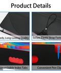 Accordion File Organizer With 13 Pockets Expanding File Folder showing tabs, elastic strap, pen clip, and sturdy quality